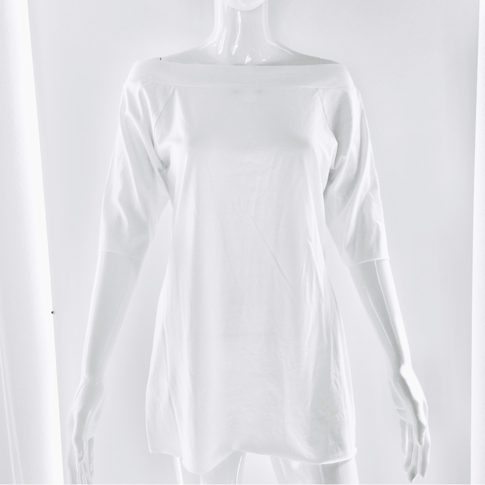 VENUS white bateau boat neck short sleeve longer length cotton tee shirt Medium